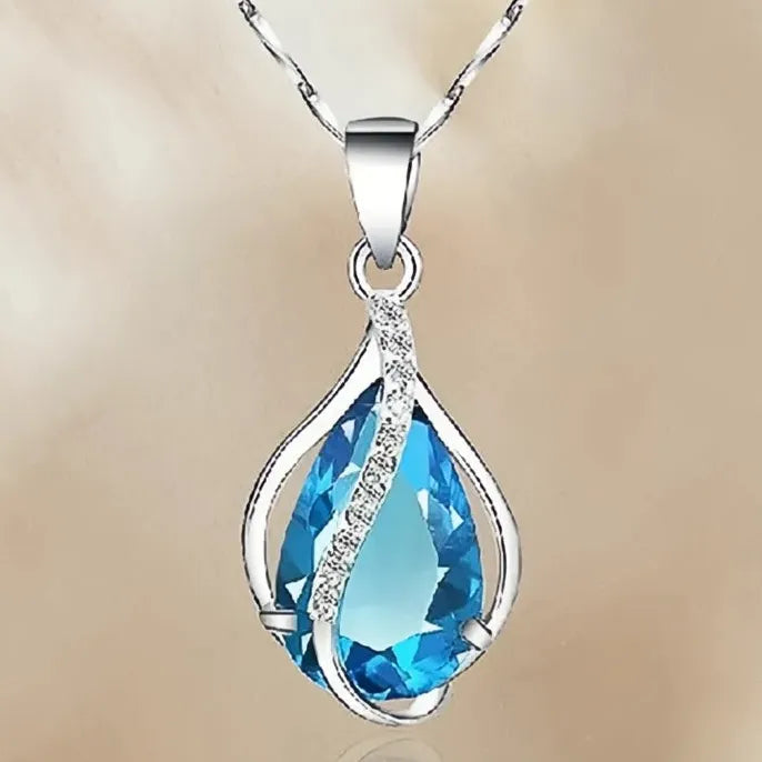 Sky Blue Water Drop Cubic Zirconia Copper Pendant Necklace for Women Wedding