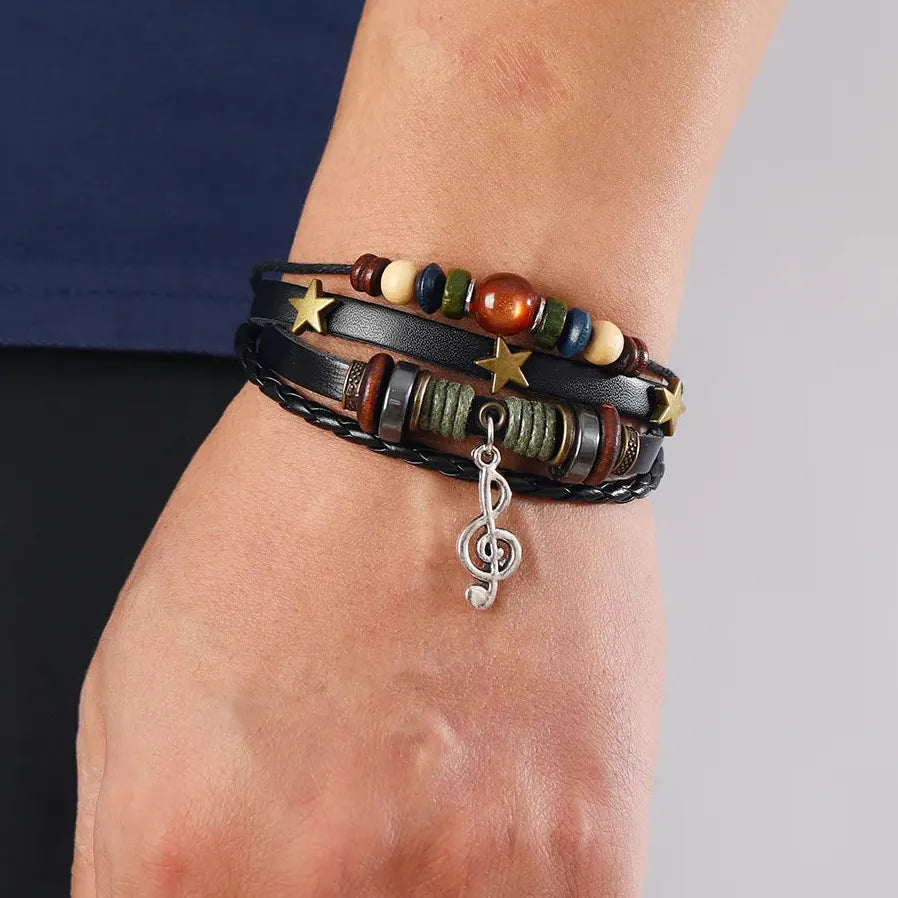 Handmade Brown Leather Hippie Bracelet Women Metal Star Note Charms Wrap Adjustable Boho