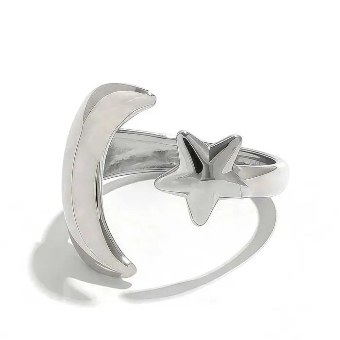 Adjustable Stainless Steel Gold Star Moon Ring for Women Celestial Gift