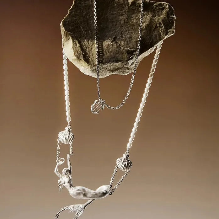 Women's Copper Mermaid Pendant Necklace Featuring Double Chains & Freshwater Pearl Drop