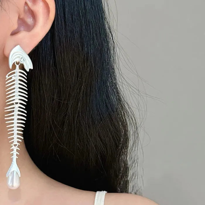 Vintage Fishbone Pearl Drop Earrings Zinc Alloy Punk Jewelry Gift for Women