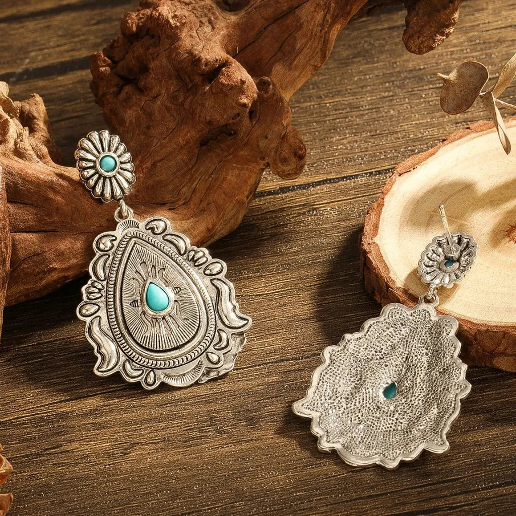 Retro Turquoise Drop Earrings Geometric Zinc Alloy Stone Jewelry Gift for Women
