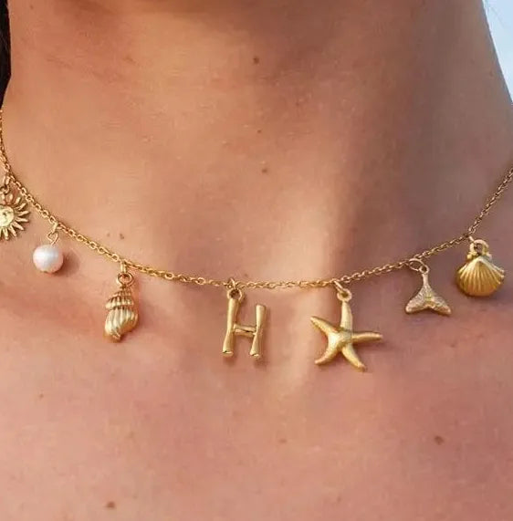 Copper Surfer Girl Seashell Initial Choker Necklace Beach Jewelry Gift