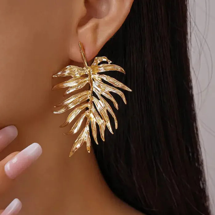 Vintage Large Leaf Drop Earrings for Women Gold Silver Plant Jewelry