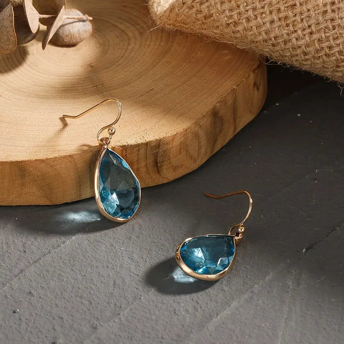 Gold Water Drop Resin Earrings for Women Blue Cubic Zirconia Bridal Jewelry