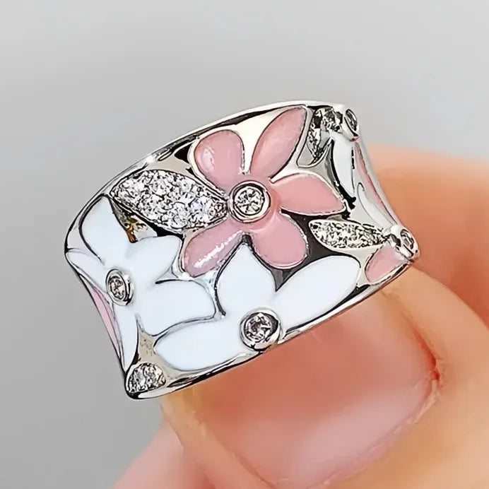 Geometric Silver Enamel Flower Ring with Cubic Zirconia for Women Gift