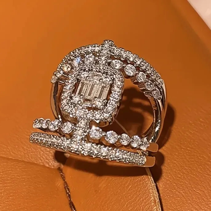 Brass Geometric Cubic Zirconia Wedding Cocktail Ring for Women