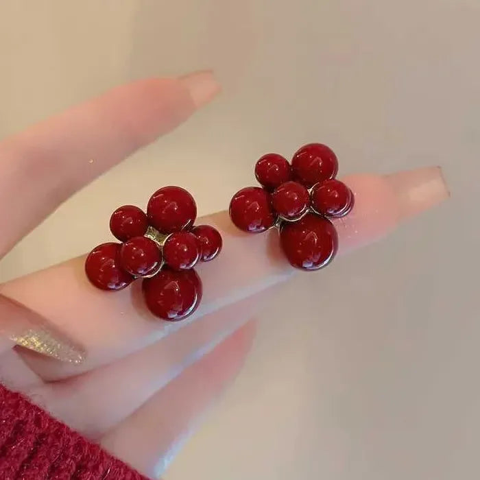 Red Beads Geometric Flower Stud Earrings Zinc Alloy Gift for Women Girls