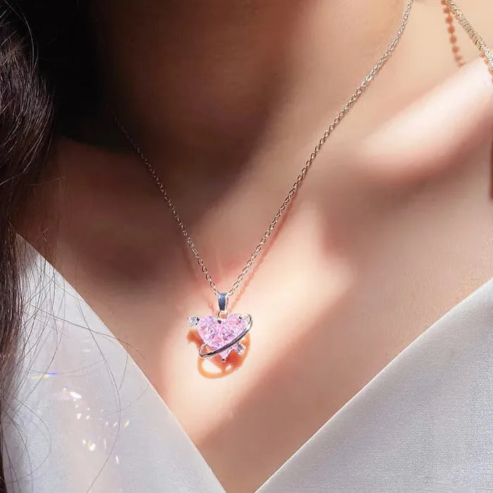 Pink Heart Crystal Necklace & Earrings Set Zinc Alloy Kpop Jewelry Gift