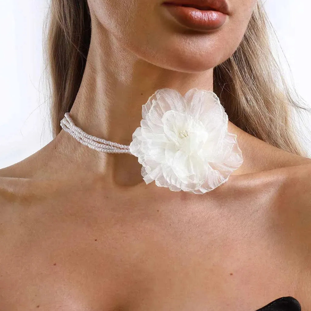 Vintage Multi-Layer Lace Flower Necklace Featuring Imitation Pearl Beads for Women