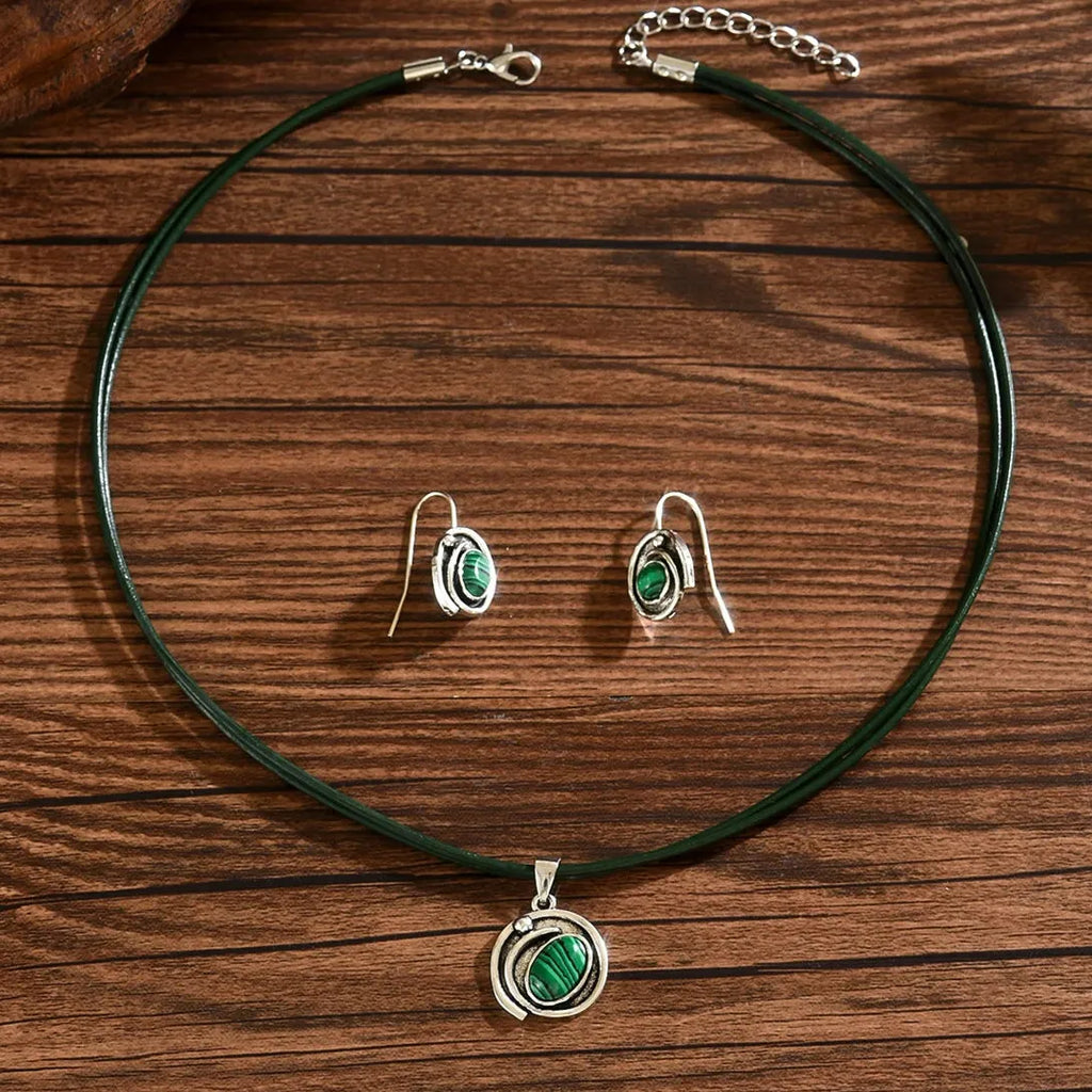 Vintage Bohemian Green Resin Oval Jewelry Set Zinc Alloy Necklace Earrings Gift