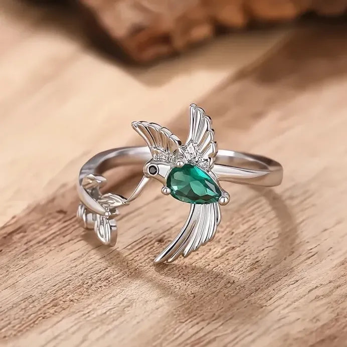 Brass Bird Cocktail Ring with Green CZ for Women Fashion Party Jewelry