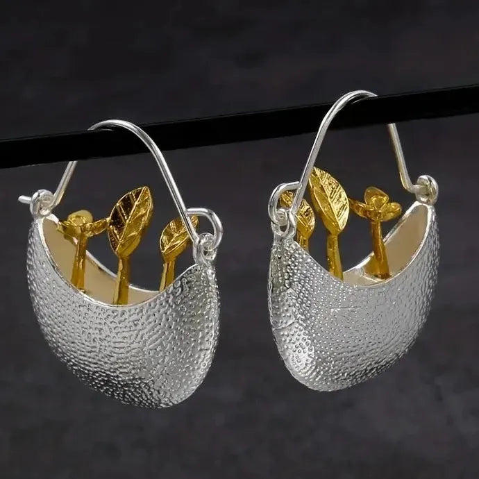 Vintage Silvery Zinc Alloy Flower Pot & Butterfly Drop Hoop Earrings Women