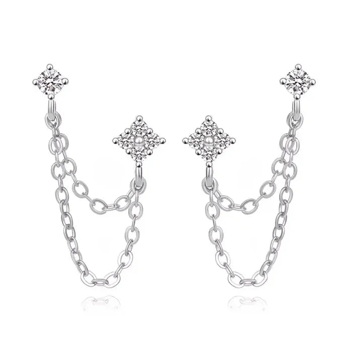 Copper Alloy Cubic Zirconia Double Piercing Tassel Drop Earrings for Women Stylish Geometric Design