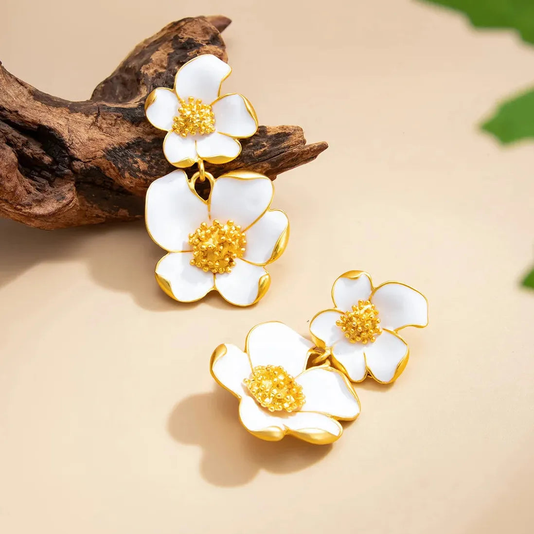 White Enamel Petal Dangle Earrings for Women Vintage Flower Jewelry