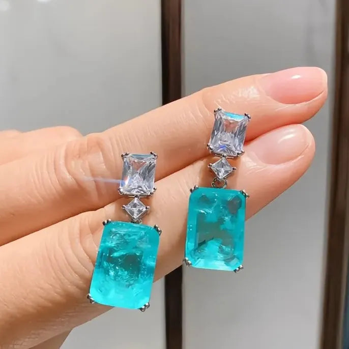 Blue Geometric Cubic Zirconia Drop Earrings Elegant Wedding Gift Jewelry