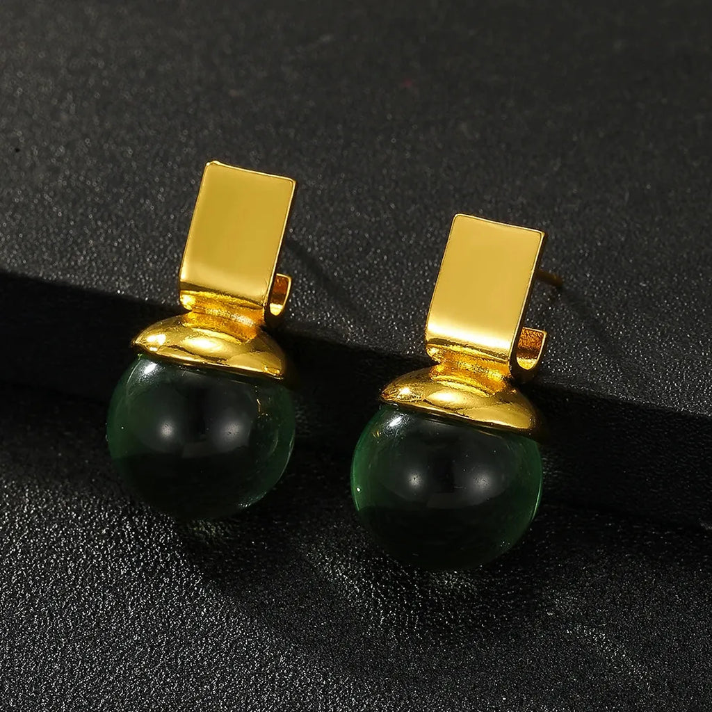 Vintage Green Crystal Round Dangle Earrings Resin Zinc Alloy Boho Jewelry for Women