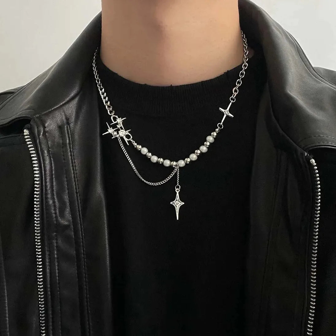 Kpop Star Pendant Necklace Men Women Beaded Pearl Tassel Choker Jewelry