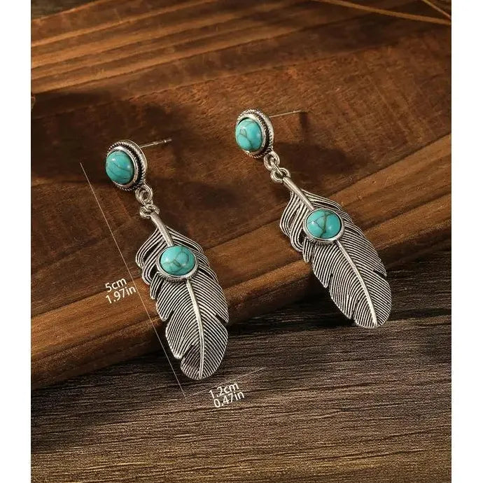 Antique Silver Ethnic Leaf Wing Earrings with Turquoise Inlay Zinc Alloy Gift