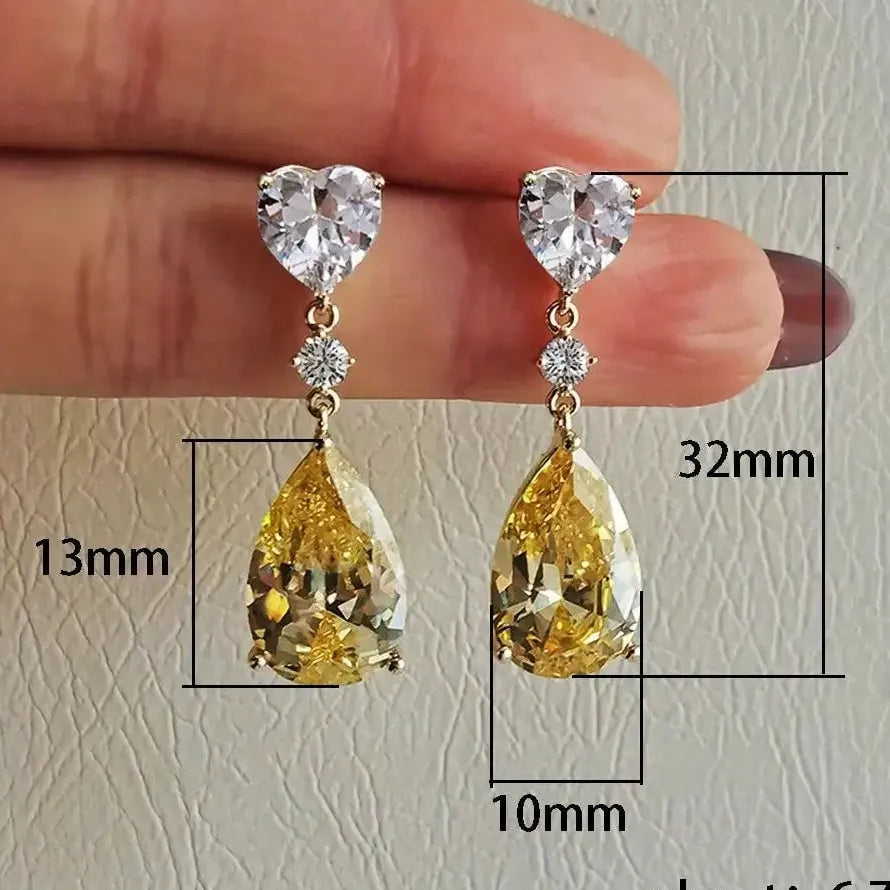 Yellow Cubic Zirconia Water Drop Pendant Earrings for Women Wedding Jewelry Copper
