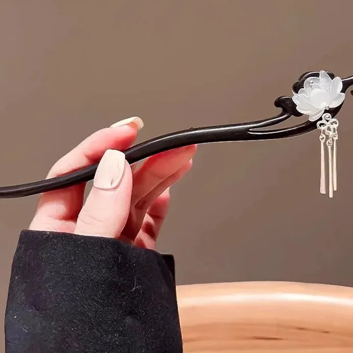 Wooden Chinese Style Flower Tassel Hair Stick with Pearl Pendant Hairpin