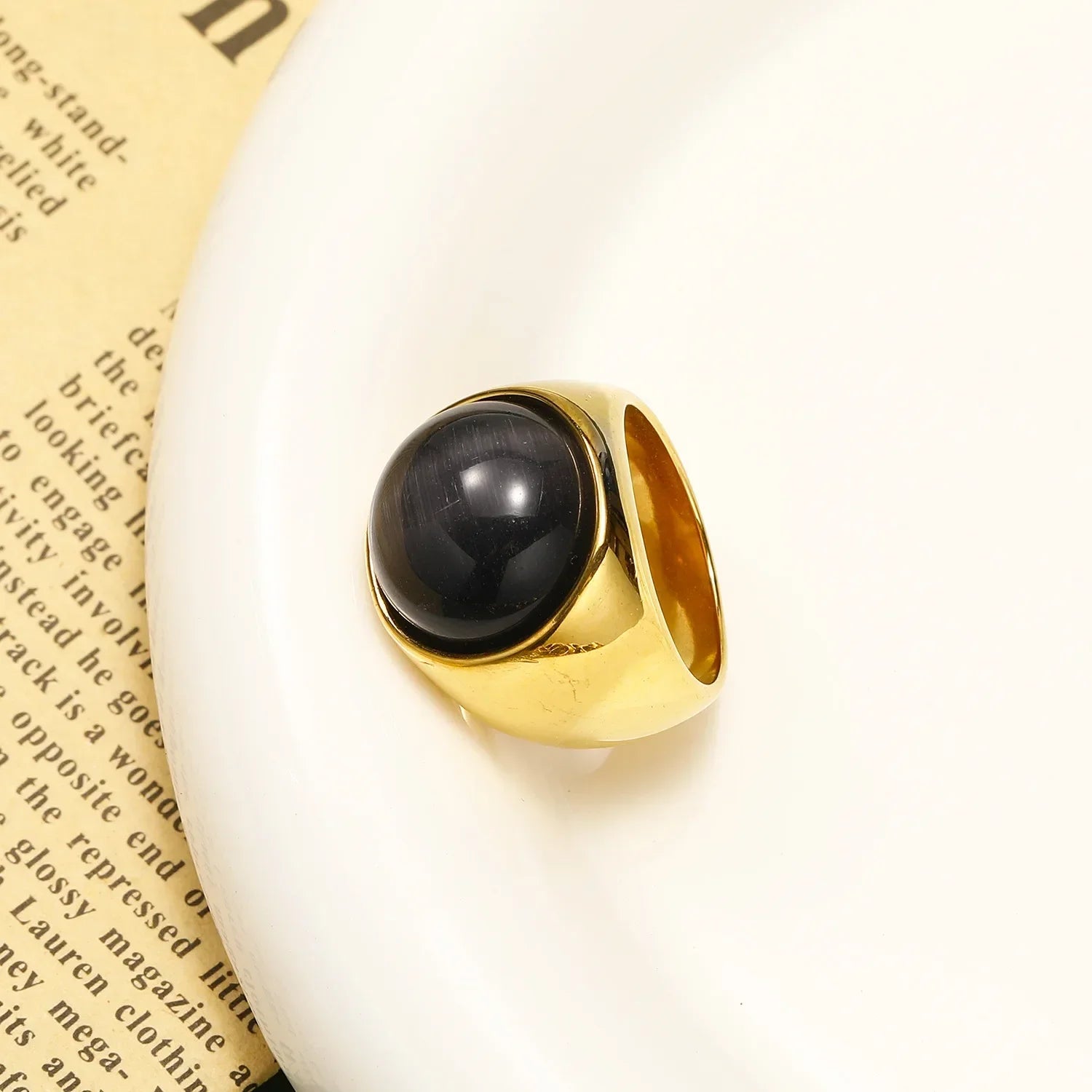 18K Gold Plated Stainless Steel Opal Ring Chunky Geometric Wedding Band Hypoallergenic