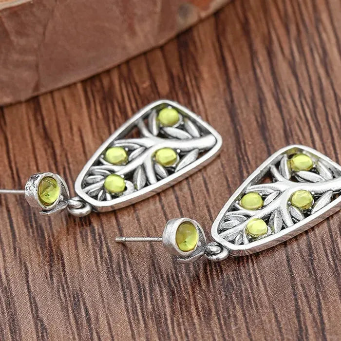 Handmade Vintage Bohemian Christmas Tree Earrings with Green Synthetic Stone Pendant