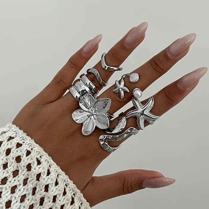 6Pcs Adjustable Vintage Pearl Flower Starfish Rings for Women Gift Set