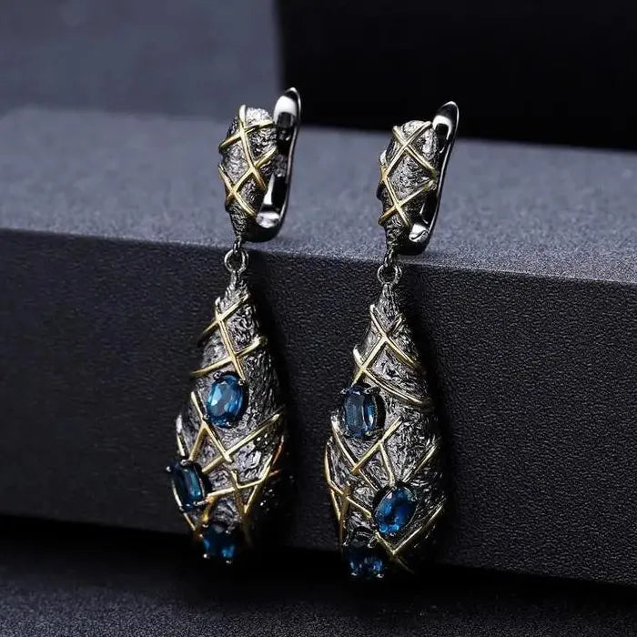 Vintage Bohemian Carved Wind Chime Drop Earrings for Women Classic Bluestone Jewelry