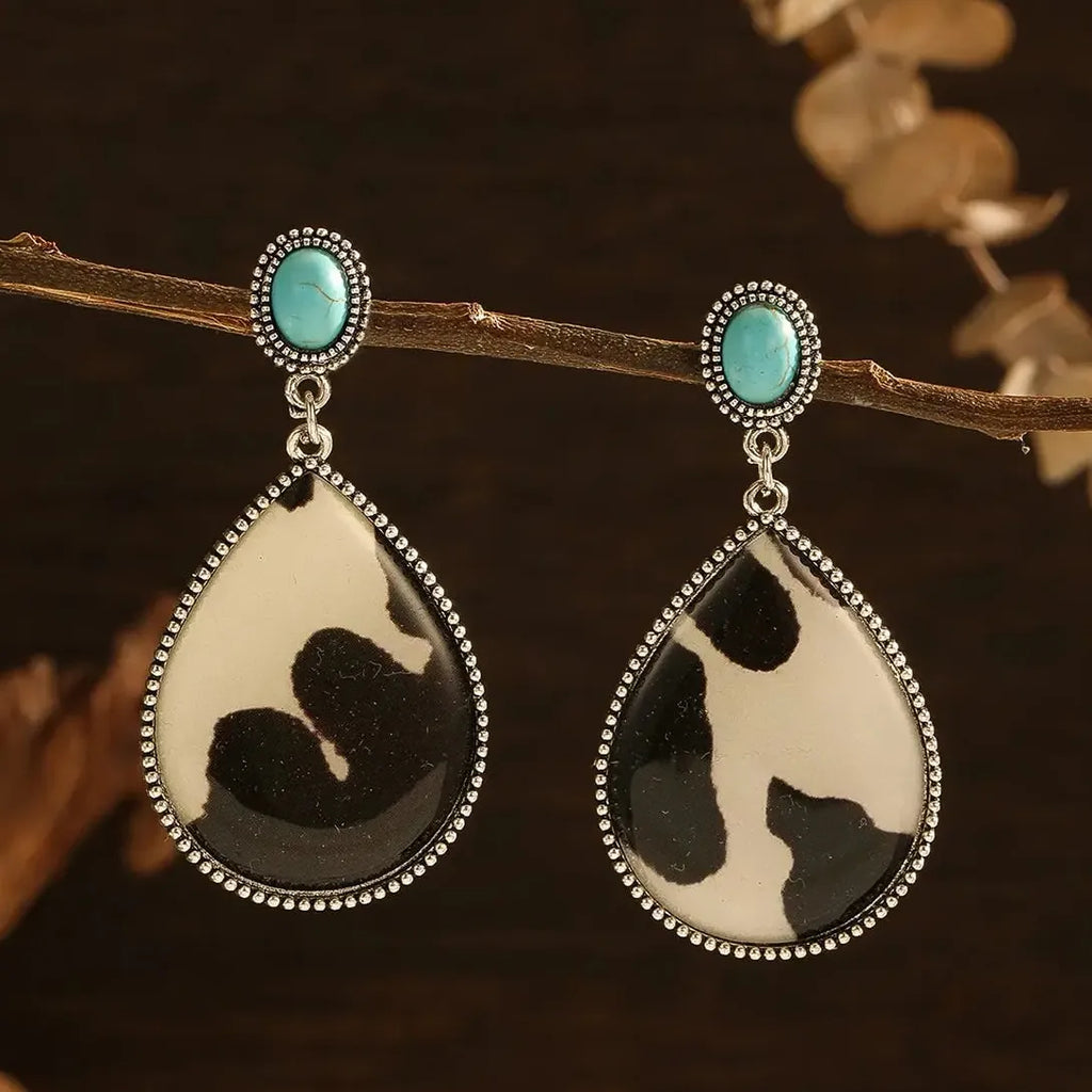 Vintage Oval Resin Cow Pattern Pendant Earrings Turquoise Women's Jewelry