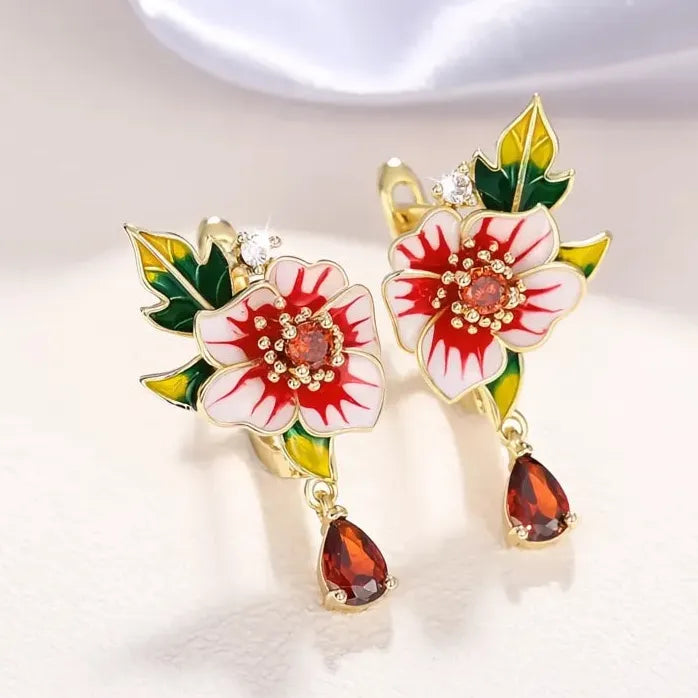 Red Flower and Green Leaf Brass Earrings for Women Enamel Jewelry