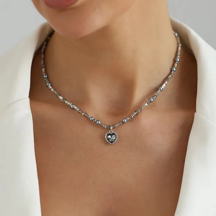 Black Crystal Heart Pearl Tassel Brooch & Pendant Necklace Zinc Alloy
