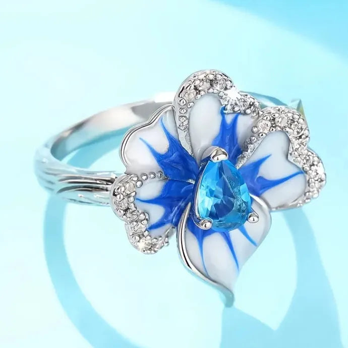 Elegant Blue Flower Plant Motif Cubic Zirconia Brass Ring for Women Party Jewelry
