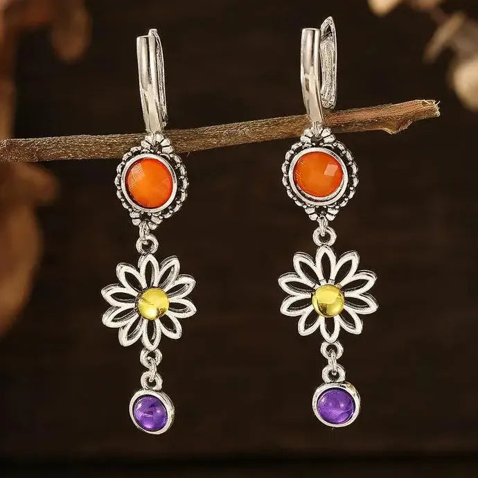 Ethnic Red Stone Curiosity Hoop Earrings Vintage Carved Pattern Jewelry for Women