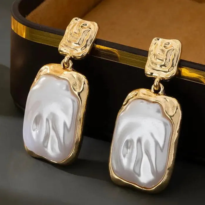 Vintage Gold Square Pleated Drop Earrings Featuring Simulated Pearl for Women