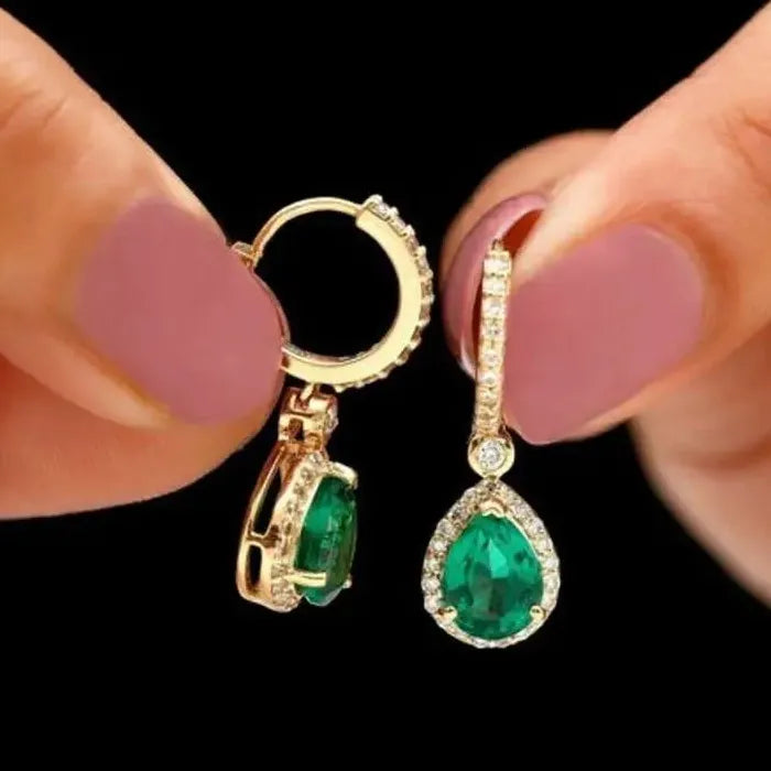 Gold Inlaid Green Water Droplet Zircon Pendant Drop Earrings for Girls Jewelry Gift