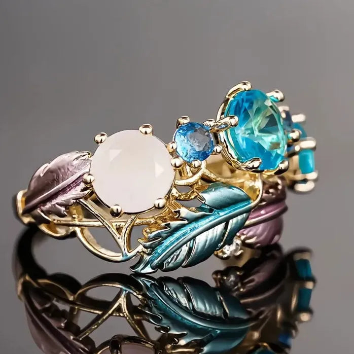 Brass Geometric Feather Ring for Women with CZ Wedding Band Jewelry