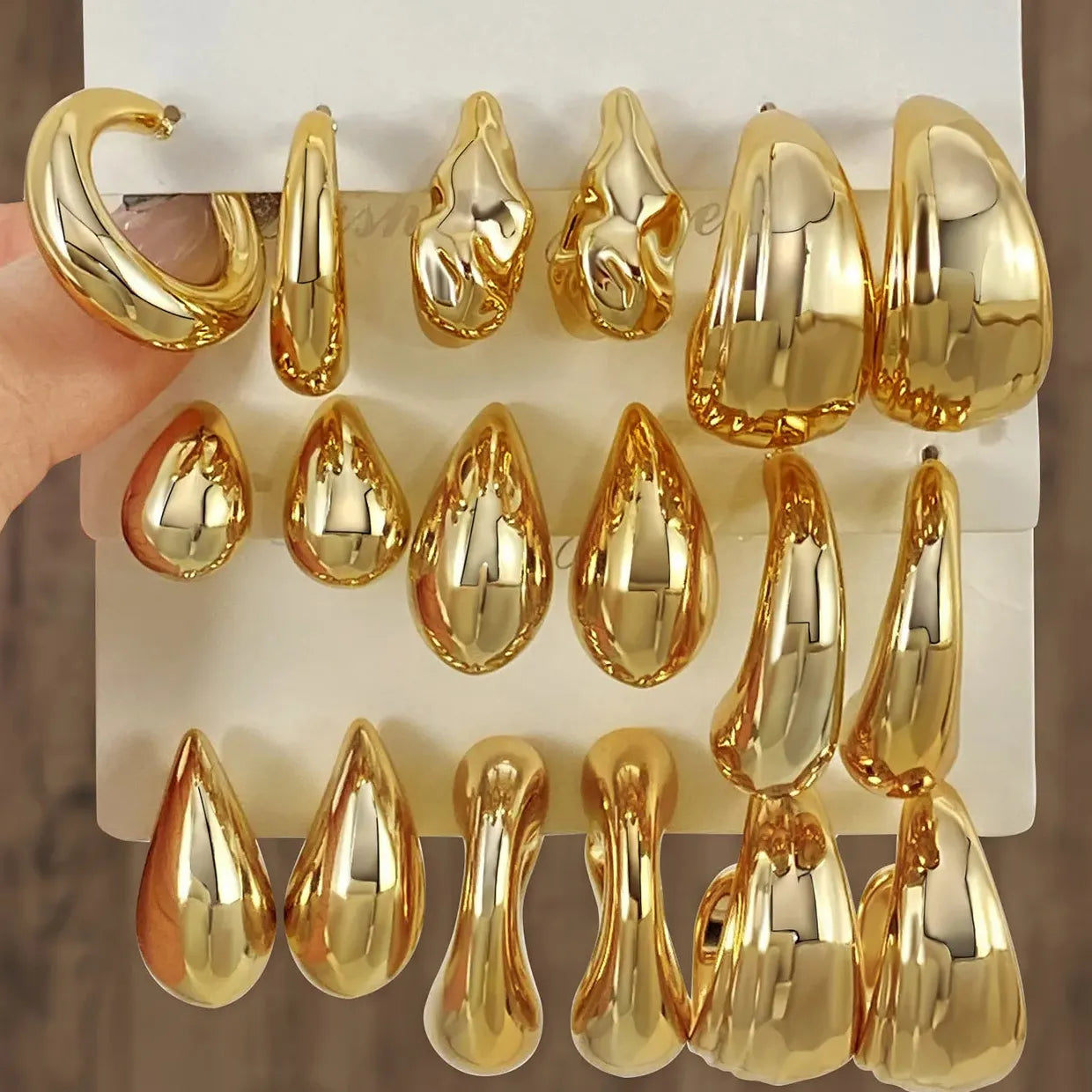 12Pcs Vintage Gold Geometric Water Drop C-Earrings Tungsten Zinc Alloy