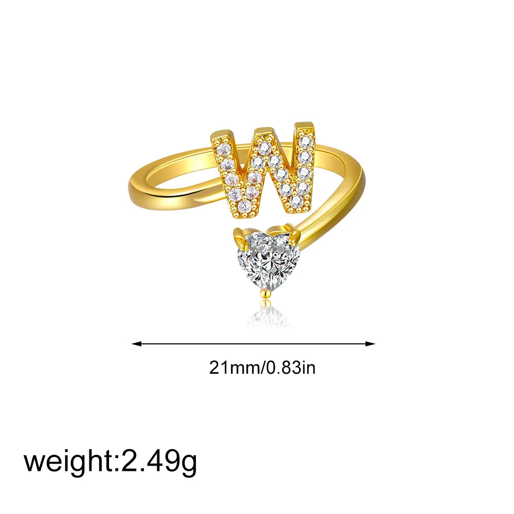 Polished Gold Plated Copper A-Z Letter Initial Ring with Zircon Heart Wedding Jewelry