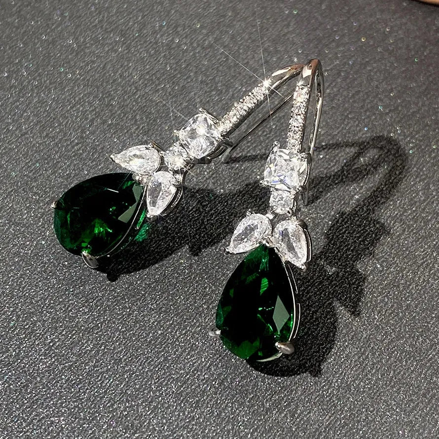 White Green AAA Cubic Zirconia Water Droplet Pendant Earrings for Women