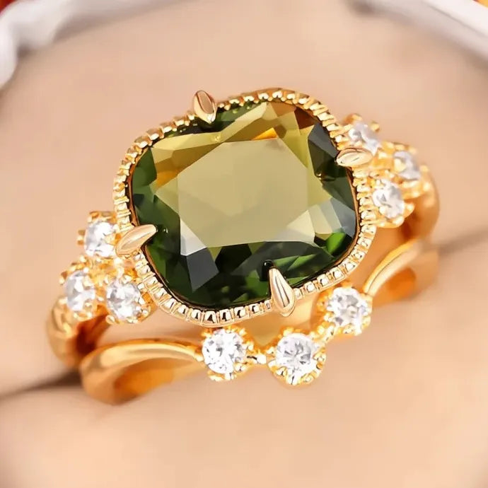 Green Stone 2-Piece Gold Color Bridal Wedding Rings Set Cubic Zirconia