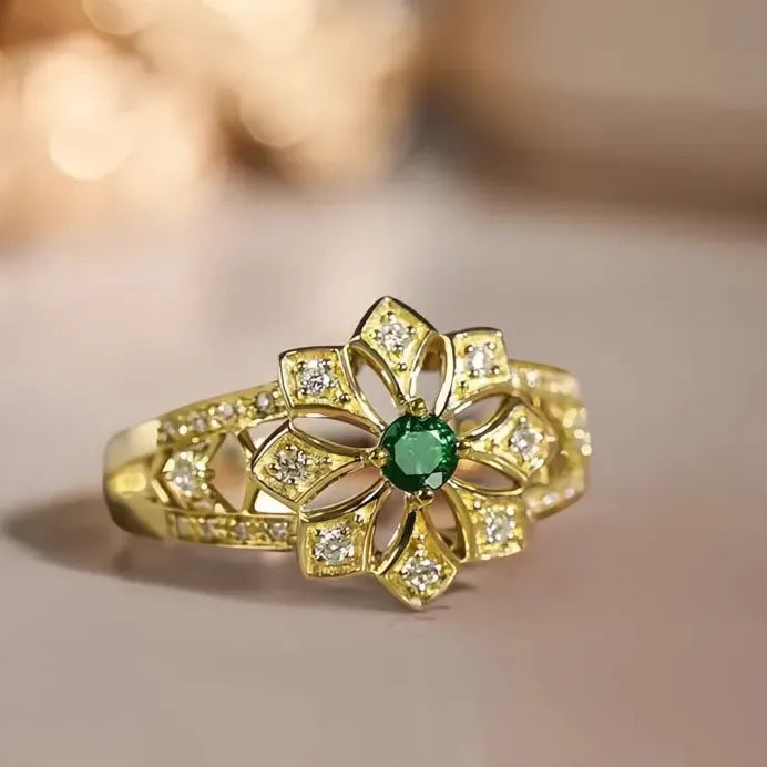 Geometric Green Cubic Zirconia Flower Ring for Women Wedding Gift