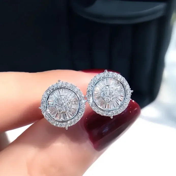 Geometric Round Stud Earrings with Sparkling CZ Cubic Zirconia for Women