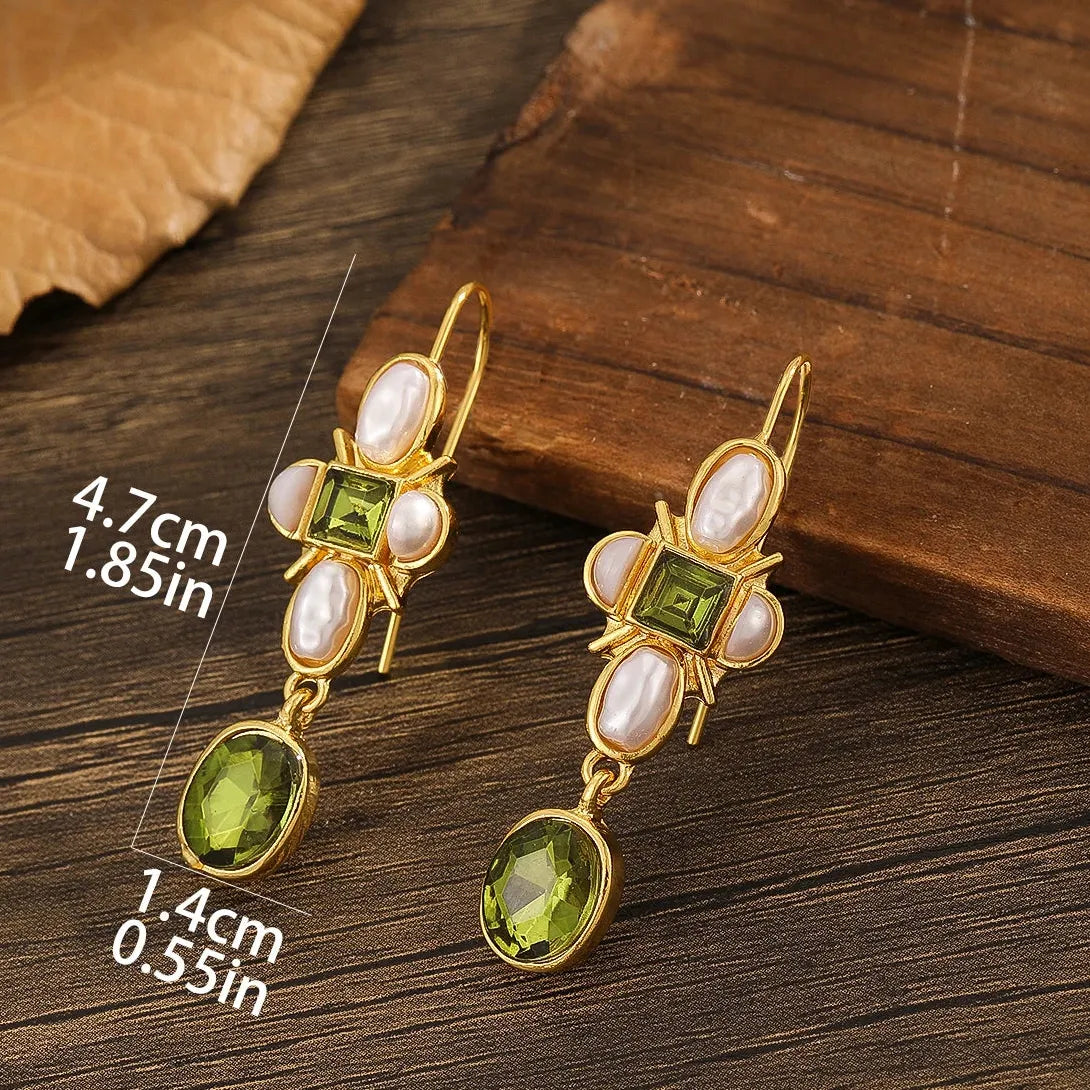 Geometric Green Stone Inlay Pearl Dangle Earrings for Women Party Jewelry