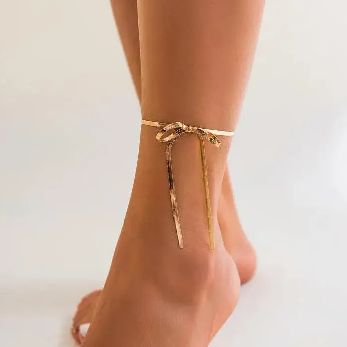 Adjustable Vintage Zinc Alloy Geometric Snake Chain Bow Anklet for Women