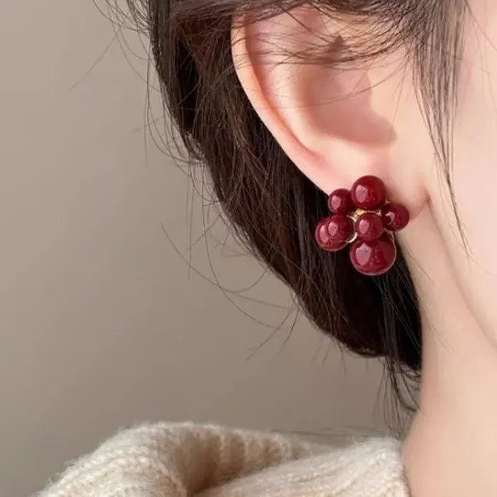 Red Beads Geometric Flower Stud Earrings Zinc Alloy Gift for Women Girls