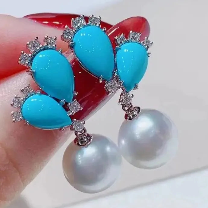 Blue Gemstone Imitation Pearl Drop Earrings for Ladies Wedding Engagement Jewelry