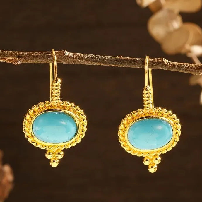 Retro Court Gold Women's Zinc Alloy Earrings Blue Stone Pendant Gift