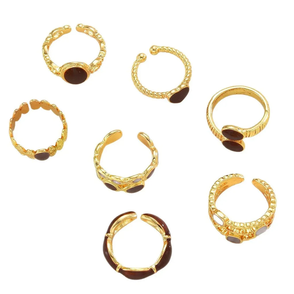 7Pcs Vintage Red Heart-Shaped Drip Oil Punk Open Rings Set for Women