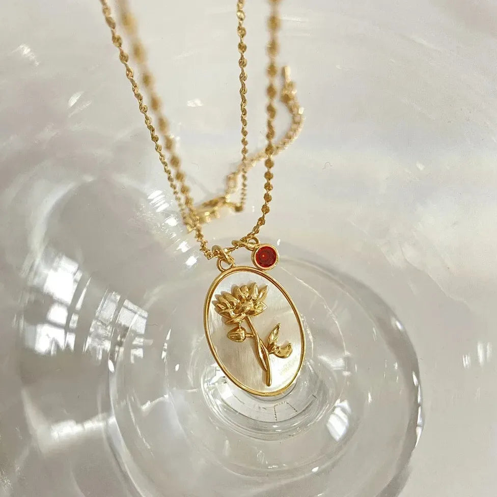 12 Month Birthday Flower Pendant Necklace Stainless Steel White Shell Choker Jewelry